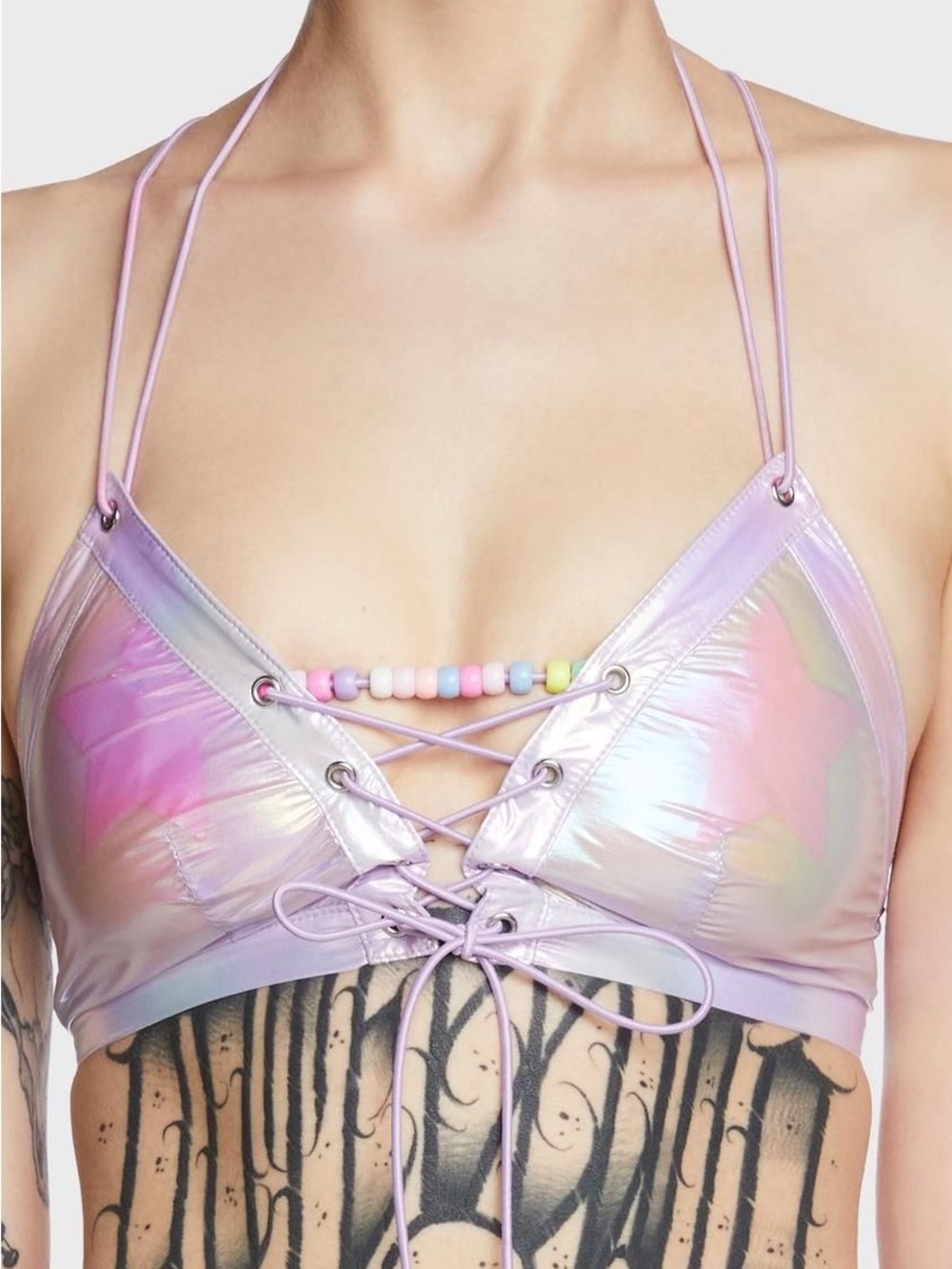 Dolls Kill Iridescent Lavender Lace-Up Halter Bralette with Bead Accent
